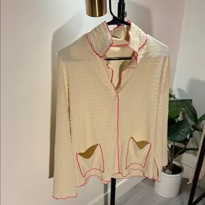 Vtg style 70a granny Textured button jacket shirt with Pink stitch Trim med/lg